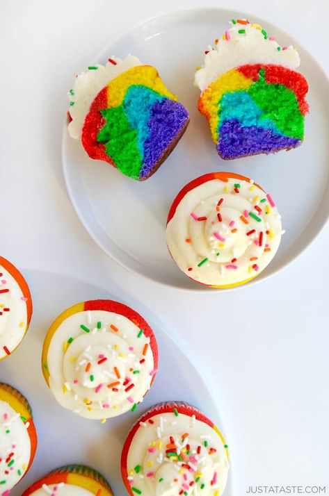 Rainbow Cupcakes with Buttercream Frosting - Just a Taste Rainbow Cupcakes Recipe, Best Chocolate Buttercream Frosting, Cupcakes With Buttercream Frosting, Cupcakes With Buttercream, Buttercream Frosting For Cupcakes, Rainbow Desserts, Rainbow Cupcake, Moist Cupcakes, Store Bought Frosting