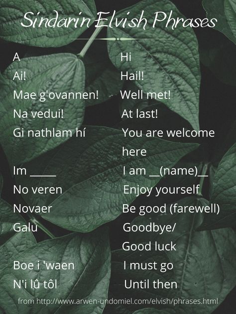 Greetings and farewells in Sindarin Elvish. Elvish Language Learning, Elvish Words Lotr, Tolkien Elvish Words, Sindarin Elvish Phrases, Sindarin Elvish Alphabet, Elvish Language Tolkien, Sindarin Phrases, Elvish Phrases, Elves Lord Of The Rings