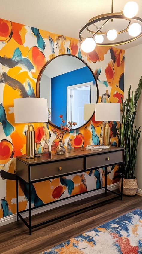 Revamp your entryway with Aries-style flair! 🌟 Bold statement mirror, vibrant wallpaper, and a sleek modern console bring irresistible energy. 🎨✨ Complete the look with striking artwork and a show-stopping light fixture for an entrance that wows! 💥 #AriesStyle #HomeDecor #EntrywayInspo Aries Style, Entryway Inspo, Vibrant Wallpaper, Statement Mirror, Bold Wallpaper, Modern Console, Light Fixture, Zodiac Signs, Light Fixtures