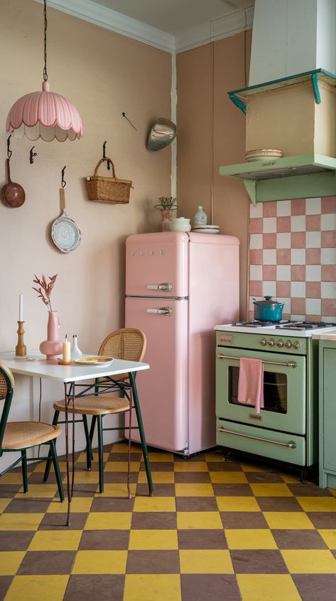 Kitschy Kitchen with pink refrigerator, pink hanging lamp and quirky accents. Colorful Vintage Kitchen, Eclectic Cottage Kitchen, Kitsch Apartment, Millennial Makeover, Kitchen Ideas Eclectic, Vintage Eclectic Kitchen, Retro Eclectic Decor, Quirky Interior Design, Funky Kitchen Ideas