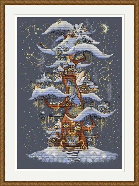 Snowman Cross Stitch Pattern, House Cross Stitch, Fairytale Houses, Cross Stitch Cute, Red Cross Stitch, Autumn Cross Stitch Patterns, Stitch Cute, Cross Stitch Fairy, Fantasy Cross Stitch