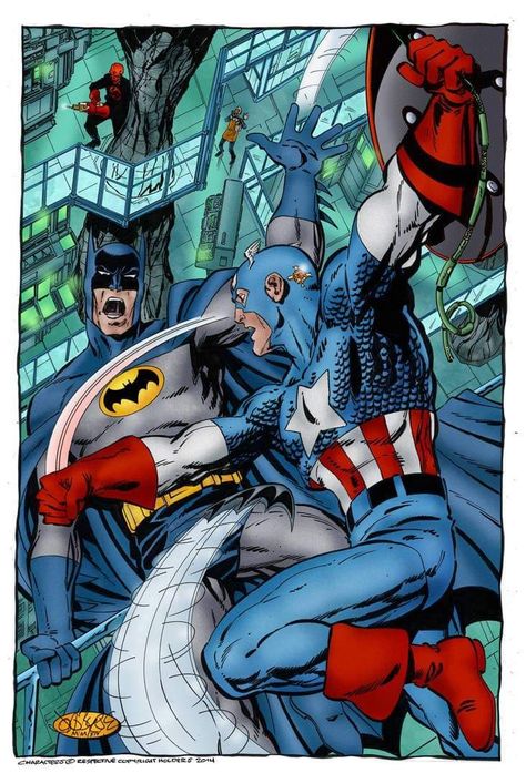 Batman Vs Captain America, Public Domain Superheroes, Batman Detective Comics, John Byrne Art, Marvel And Dc Crossover, Terror Art, Crossover Art, Captain America Wallpaper, John Byrne