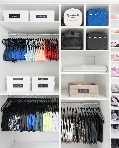 Gym Clothes Closet, Gym Clothes Organization, Closet Organisation, Ocd Organization, Dream Closet Design, Wardrobe Organisation, Clothes Closet Organization, Closet Room, Brand Assets