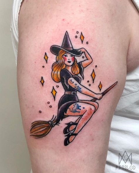 Vintage Witch Tattoo, Witchy Pinup Tattoo, Pin Up Witch Tattoo, Halloween Dog Tattoo, American Traditional Witch Tattoo, Witch Tattoo Traditional, Pinup Witch Tattoo, Witch Pinup Tattoo, Pinup Tattoo Traditional