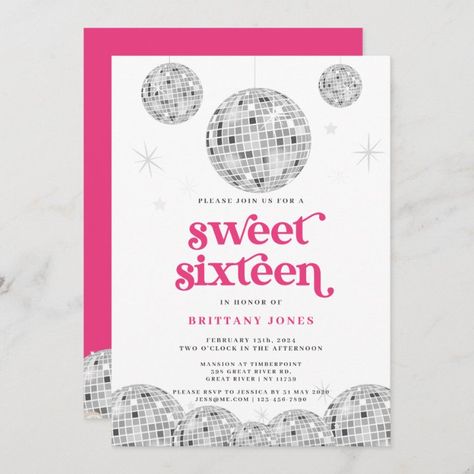 Sweet 16 Disco Invitation, Pink Disco Invitation, Disco Ball Party Decoration, Pink Disco Party Invitation, Pink Disco Ball Party, Disco Ball Sweet 16, 15 Invitations Ideas, Disco Party Invitations, Disco Ball Invitation