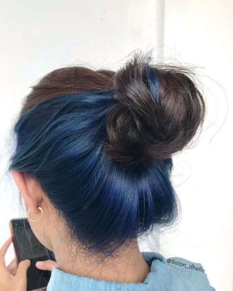 Subtle to Bold: Underneath Hair Color Trends Dark Blue Hair Underneath Brown, Blue Jean Hair Color, Brown Hair Blue Underneath, Blue Color Blocking Hair, Hair Dyed Underneath Blue, Brown With Blue Underneath, Blue Hair With Brown Roots, Colour Underneath Hair, Blue Hair Dye Underneath