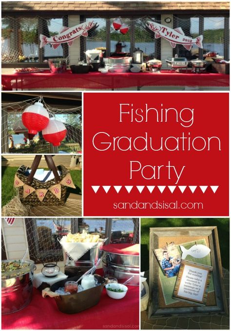 Fishing Graduation Party Ideas- great party ideas for dudes. Guys Graduation Party, Fishing Theme Party, Boy Graduation, Fishing Birthday Party, Graduation Party High, Graduation Open Houses, Graduation Tables, Graduation Party Ideas, Fishing Party