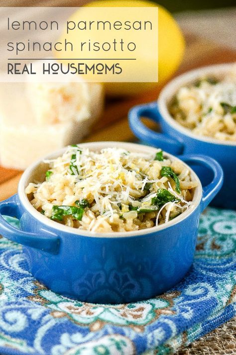 Lemon Parmesan Spinach Risotto | Real Housemoms Risotto Side Dish, Lemon Spinach, Italian Risotto, Parmesan Spinach, Spinach Risotto, Parmesan Risotto, Cauliflower Dishes, Risotto Recipes, Spinach Stuffed Chicken