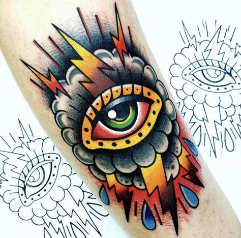 Old School Eye Tattoo, American Traditional Eye Tattoo, Traditional Tattoo Clouds, Eye Traditional Tattoo, Tatto Old Scold, Traditional Eye Tattoo, Traditional Tattoo Eye, Traditional Tattoo Illustration, Ojo Tattoo