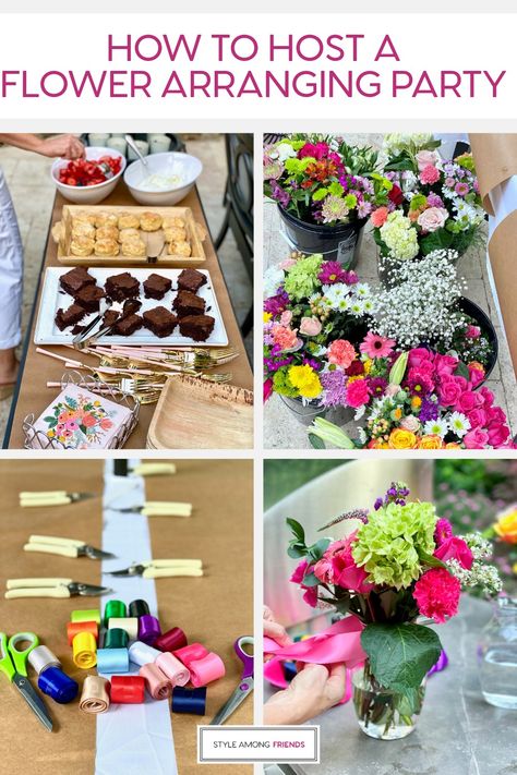 We hosted a flower arranging party, and because it was a huge hit, we're sharing the details with you! This party is so easy to host, low in effort but BIG in FUN! And all of your guests leave with the best party favor -- a gorgeous flower arrangement to keep or gift! So grab a friend (hosting as a team is so much easier and more fun!) and let us help you get started. #flowerarrangingparty #easyentertaining #girlsnightparty #hostingtips #howtohost #friends #party #springparty Hosting A Flower Arranging Party, Flower Arrangement Party Ideas, Flower Arranging Party Ideas, Flower Making Party, Floral Arranging Party, Bouquet Making Party, Flower Arranging Party, Flower Arrangement Party, Work Event Ideas