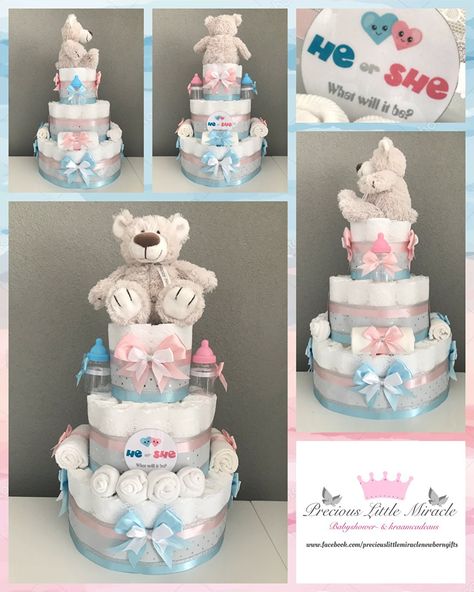 Gender Reveal Diaper Cake, Baby Shower Diaper Cake, Baby Shower Diapers, Baby Diy, Diaper Cakes, Reveal Ideas, Baby Shower Gender Reveal, Shower Gifts, Diy Baby Stuff