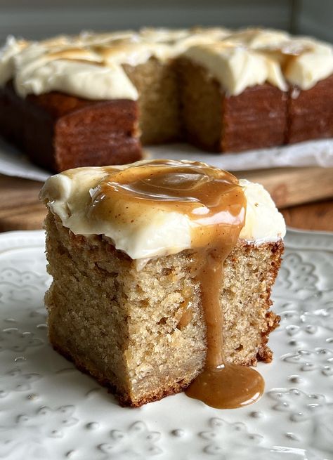 Salted Caramel Brown Butter Banana Snack Cake Banana Snack Cake, Cinnamon Cream Cheese, Salted Caramel Sauce, Cinnamon Cream Cheese Frosting, Banana Flavored, Caramel Brown, Snack Cake, Banana Cake, Recipe Details