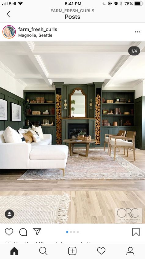 Gray Room Ideas, Color In Interior Design, Colonial Home Interior, Green Accent Wall, Green Walls Living Room, Office With Fireplace, Dark Green Living Room, Cabin Remodel, Gray Room