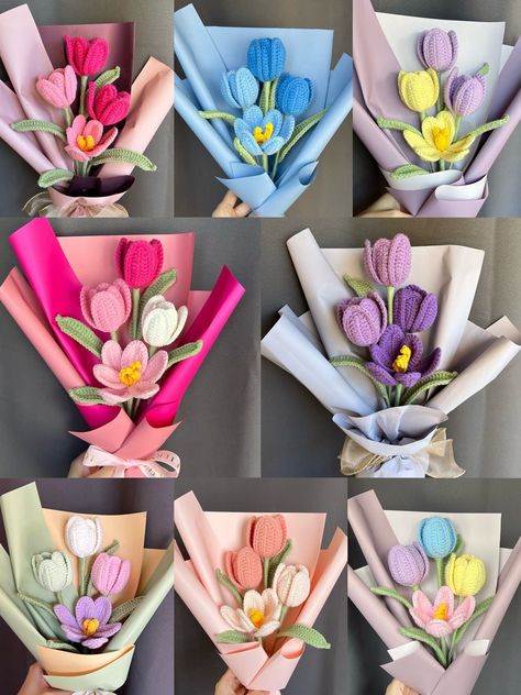 Crochet Tulip Bouquets: A Unique Gift for Any Occasion Crochet Flower Bouquet Mothers Day, Crochet Wedding Gifts, Crochet Mothers Day, Diy Crochet Flowers Tutorial, Flor Crochet, Diy Bouquet Wrap, Quick Crochet Projects, Crochet Heart Pattern, Crochet Bouquet