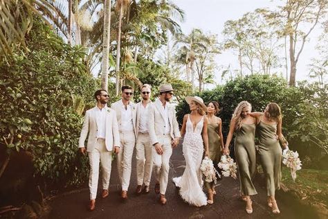 Tan Suits And Green Dresses, Different Shades Of Green Groomsmen, Olive Green Bridesmaid Dress With Groomsmen, Beige Groomsmen Suits Bridesmaid Dresses, Wedding Party Olive Green, Tan And Green Wedding Colors, Sage Green White And Beige Wedding, Olive Green Wedding Groomsmen, Olive Green Bridal Party Groomsmen