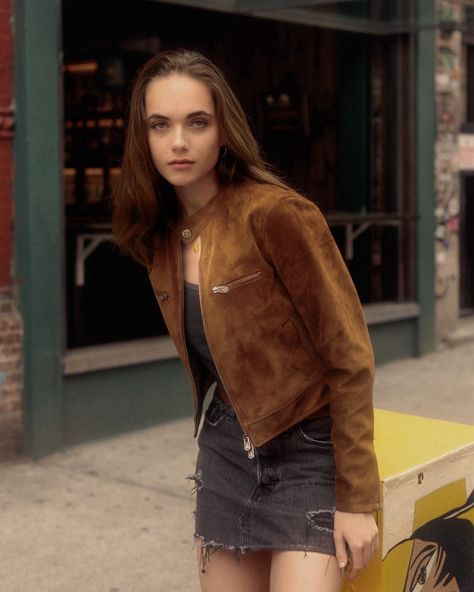 Spotted in LES, friend of the brand, Lillian Conner, wearing her version of the ‘Riverside’ Jacket — cropped, sterling silver hardware, in Tiffany brown premium calf suede. Cropped Suede Jacket Outfit, Racer Jacket Outfit, West Side Highway, Cropped Jacket Outfit, Tiffany Brown, Suede Jacket Outfit, The Rapture, Racer Jacket, Brown Suede Jacket