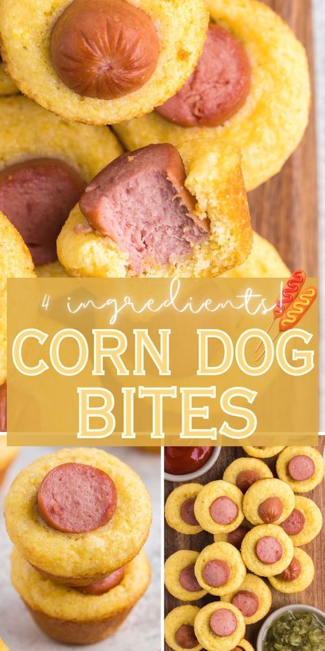 These Corn Dog Bites are a kid-favorite easy dinner idea or after school snack! A store-bought cornbread mix mini muffins are filled with a piece of hot dog and then baked to golden brown perfection in the oven. Serve with your favorite dips like ketchup, mustard, honey mustard, or dill pickle relish. Mini Corn Dog Bites, Mini Muffin Corn Dogs, Hot Dog Cornbread Muffins, Cornbread Muffins With Hotdogs, Hot Dog Bites Appetizers, Corn Dog Appetizers, Corn Muffin Hot Dog Jiffy Cornbread, Corn Dog Muffins Jiffy, Corn Dog Mini Muffins