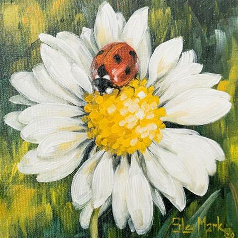 Animal Paintings Acrylic, Ladybug Art, Small Canvas Paintings, Daisy Painting, Art Painting Gallery, Spring Painting, Small Canvas Art, Beginner Painting, Flower Art Painting