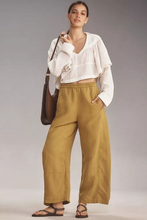 The Izzie Relaxed Pull-On Barrel Pants by Pilcro: Linen Edition | Anthropologie Barrel Pants, Maternity Nursing Clothes, Gold Pants, Pant Trends, Nursing Clothes, Beauty Gifts, Eclectic Style, Pull On Pants, Linen Pants