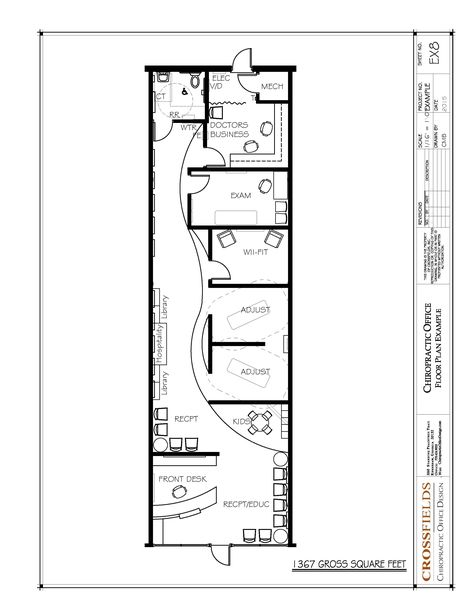 Chiropractic Floor Plan Semi-open Adjusting Retail start-up space 1367 gross sq. ft. http://www.chiropracticofficedesign.com Small Clinic Floor Plan, Small Corporate Office Design, Chiro Office, Chiropractic Office Design, Office Floor Plan, Medical Office Design, Clinic Interior Design, Office Plan, Office Remodel