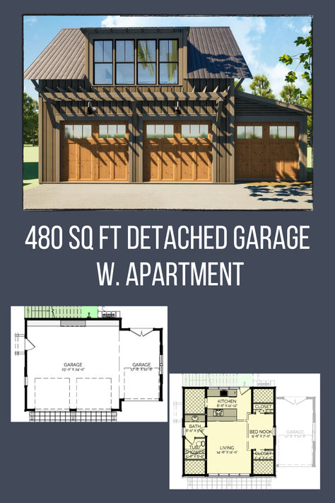 This detached carriage-style garage includes a charming apartment! It features a 480 sq. ft. heated area on the second floor and a total garage area of 799 sq. ft., perfect for fitting up to 3 cars.   Click to learn more about this amazing garage plan >>> Garage Design With Loft, Detached Garage With Apartment, Garage Turned Into Living Space, Garage Building Plans, Small Modern Farmhouse, Modular Garage, Detached Garage Designs, Apartment Garage, Garage With Apartment