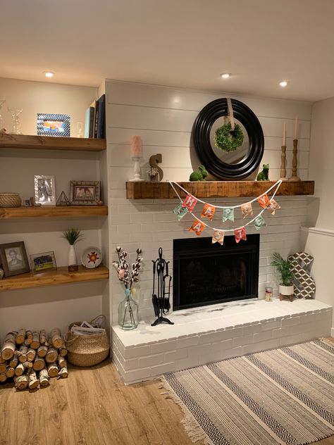 Floating Shelves Over Fireplace, Tv With Fire Place And Floating Shelves On Sides, Fireplace With Floating Shelves On One Side, Floating Shelf Beside Fireplace, Floating Shelves On Side Of Fireplace, Floating Shelf Next To Fireplace, Shelves On Each Side Of Fireplace, Floating Shelves Fireplace Surround, Fireplace And Floating Shelves