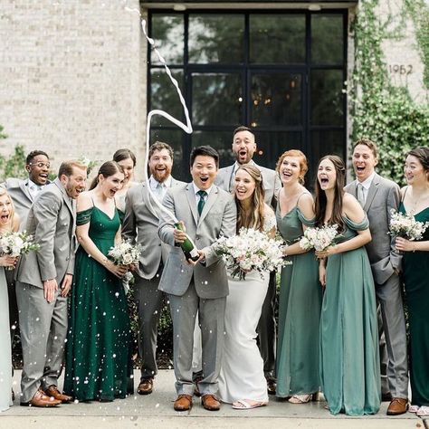 Emerald Green And Grey Wedding, Grey Suit Wedding Party, Wedding Party Groomsmen, Emerald Green Bridesmaid Dresses, Grey Suit Wedding, Wedding Parties Colors, Party Colors, Green Wedding Dresses, Light Grey Suits