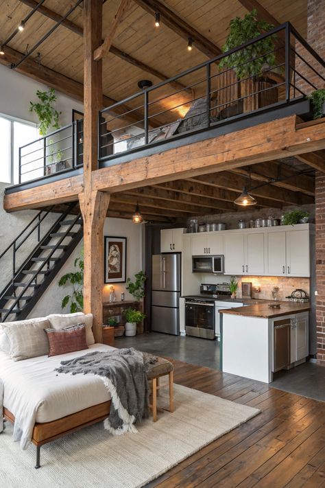 An industrial loft with a mezzanine bedroom, exposed beams, and a cozy living area featuring soft textiles and lush greenery.  #IndustrialLiving #RusticGetaway #CozyCorners #WarmLoft #InteriorInspo Bedroom Exposed Beams, Tiny Cabin Design, Loft Homes, Loft Aesthetic, Mezzanine Bedroom, Cabin Designs, Cabin Loft, Industrial Chic Decor, Loft Studio