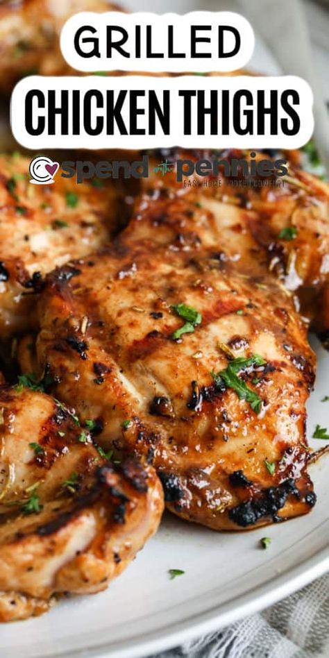 Grilled Chicken Thighs are soaked in a balsamic-rosemary marinade, then grilled! These are perfect to serve for a backyard barbeque with family or friends! Don't forget the macaroni or potato salad. #spendwithpennies #grilledchickenthighs #recipe #maindish Best Chicken Thigh Marinade For The Grill, Grilled Chicken Thigh Kabobs, Barbaque Sauces For Chicken, Boneless Chicken Thigh Marinade, Grilled Boneless Skinless Chicken Thigh Recipes, Chicken Thigh Marinade For The Grill, Chicken Thigh Grill Recipes, Rosemary Marinade, Chicken Thigh Marinade