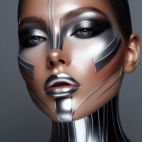 Robotic Makeup, Robot Makeup Look, Dystopian Makeup, Futuristic Makeup Sci Fi, Halloween Cyberpunk, Halloween Trucco, Android Makeup, Futuristic Makeup Looks, Anime Makeup Ideas