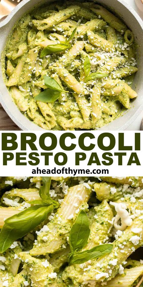 Broccoli Pesto Pasta is a fun twist on traditional pesto that is ready to serve in under 30 minutes. Perfectly cooked broccoli is blended with fresh basil, garlic, pine nuts, and parmesan for a creamy, flavor-packed sauce for your favorite pasta. It's a great way to serve some extra veggies and is such a satisfying, cozy meal on busy weeknights or want to get more vegetables on your plate. | aheadofthyme.com #broccolipesto #broccolipasta #broccolipestopasta via @aheadofthyme Broccoli Pesto Pasta, Teriyaki Pork Tenderloin, Cooked Broccoli, Broccoli Pasta Recipe, Creamy Pesto Sauce, Pasta With Peas, Broccoli Pesto, Thyme Recipes, Pesto Pasta Recipes