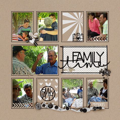 7 Picture Scrapbook Layout, 7 Photo Scrapbook Layout, Pretty Scrapbook Pages, Family Photo Scrapbook Ideas, Family Scrapbook Layouts Ideas, Family Scrapbook Ideas, Scrapbook Layouts Multiple Pictures, Scrapbook Multiple Photos, Family Scrapbook Layouts