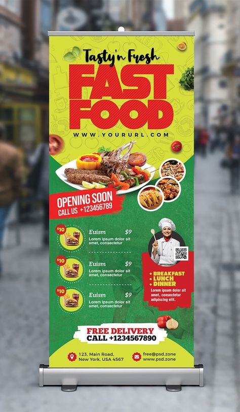 Fast Food Restaurant Roll Up Banner PSD - PSD Zone Standy Ads For Food, Restaurant Standee Design, Food Banners Designs, Roll Up Banner Design Food, Standy Ads Design, Advertisment Posters Ideas, Food Standee Design, Food Banner Design Ideas, Restaurant Banner