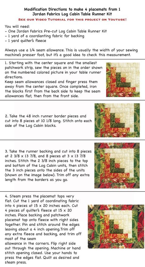 Log Cabin Placemat Pattern – Jordan Fabrics Jordan Fabrics Tutorials, Jordan Fabrics, Log Cabin Christmas, Quilted Placemat Patterns, Quilted Table Runners Christmas, Table Topper Patterns, Patchwork Table Runner, Log Cabin Quilt Blocks, Log Cabin Quilt Pattern