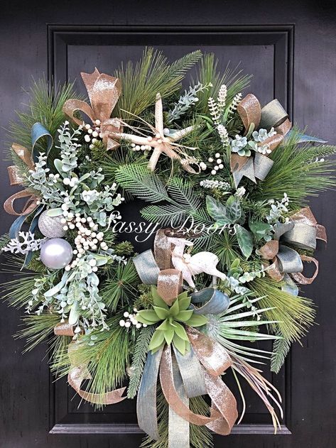 Beach Wreath, Beach Christmas Wreath, Coastal Christmas Wreath, Nautical Christmas Wreath,Decor, Christmas Decor, Nautical Wreath, Christmas Wreath Coastal, Costal Christmas Wreath, Beachy Decorating Ideas Coastal Style, Modern Coastal Christmas Decor, Beach Wreaths For Front Door, Front Door Coastal, Coastal Christmas Wreath, Cod Christmas, Coastal Wreaths