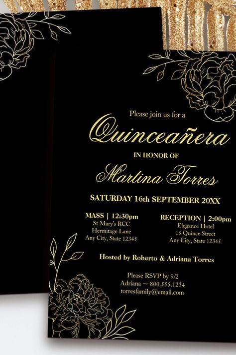 Floral Black Gold Fine Art Quinceanera and Mass Invitation Quinceanera Collection, Elegant Hotel, Quinceanera Invitations, Winter Formal, Quinceanera, Gold Black, Black Floral, Fine Art, Stars