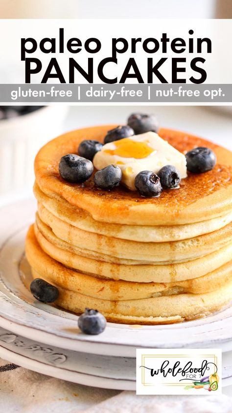 Paleo Protein Pancakes - WholeFoodFor7 Camping Keto, Gf Pancake Recipe, Paleo Protein Pancakes, Paleo Breakfast Ideas, Gluten Free Protein Pancakes, Whole Foods Meal Plan, Paleo Breakfasts, Paleo Waffles, Blueberry Lemon Scones