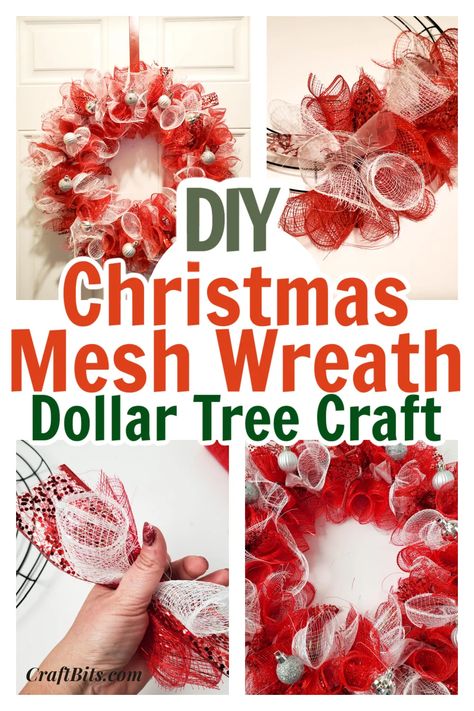 Quick & Easy Dollar Tree Mesh Christmas Wreath — CraftBits.com Pool Noodle Christmas Wreath, Mesh Christmas Wreath, Christmas Wreath Craft, Christmas Mesh Wreath, Mesh Wreath Tutorial, Christmas Mesh Wreaths, Dollar Store Christmas, Dollar Tree Christmas, Festive Wreath