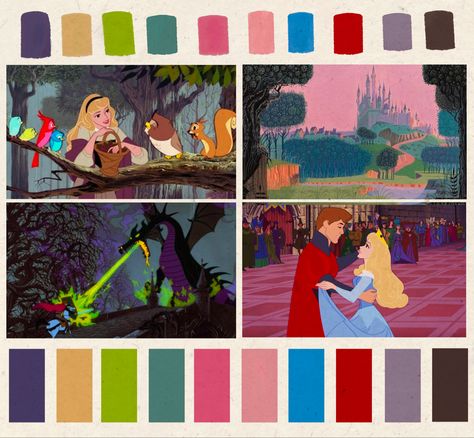 Animation Colour Palette, Snow White Color Palette, Illustration Color Palette Inspiration, Sleeping Beauty Color Palette, Disney Colour Palette, Cinderella Color Palette, Animation Color Palette, Fairytale Color Palette, Disney Color Palette