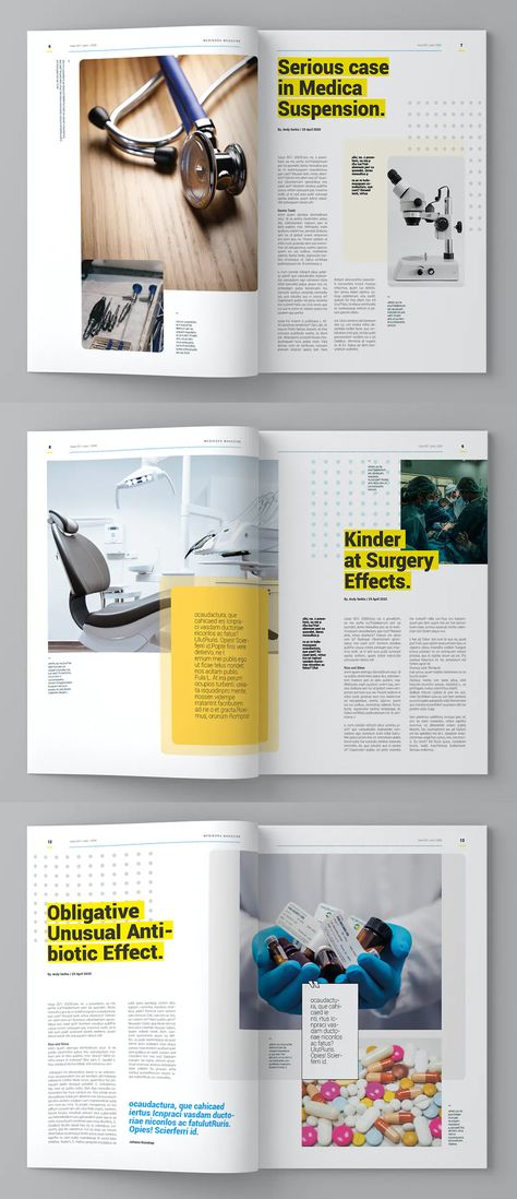 Medicine Magazine Template InDesign - 15 custom pages design Magazines Layout Design, Education Magazine Layout, Medical Editorial Design, Magazine Inside Page Design, Medical Magazine Design, Science Magazine Design, Science Magazine Layout, Magazine Article Design, Magazine Spread Design