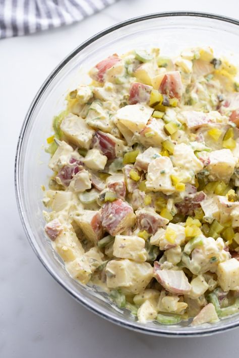 Dill Pickle Mustard, Dill Pickle Potato Salad Recipe, Dill Pickle Potato Salad, Pickle Potato Salad, Boiled Red Potatoes, Greek Tortellini Salad, Loaded Potato Salad, Potato Salad Recipes, Poutine Recipe