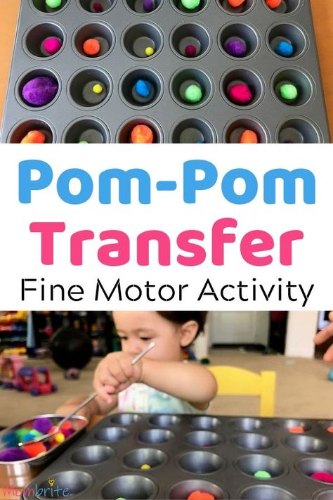 Pom pom transfer is a simple and fun fine motor activity for your toddler that uses things you already have at home! It will help your toddler learn how to hold the spoon for mealtime! #mombrite #finemotor Toddler Fine Motor Activities, Preschool Fine Motor Activities, Fine Motor Activity, Fine Motor Activities For Kids, Easy Toddler Activities, Fun Activities For Toddlers, Preschool Fine Motor, Fine Motor Skills Activities, Motor Skills Activities