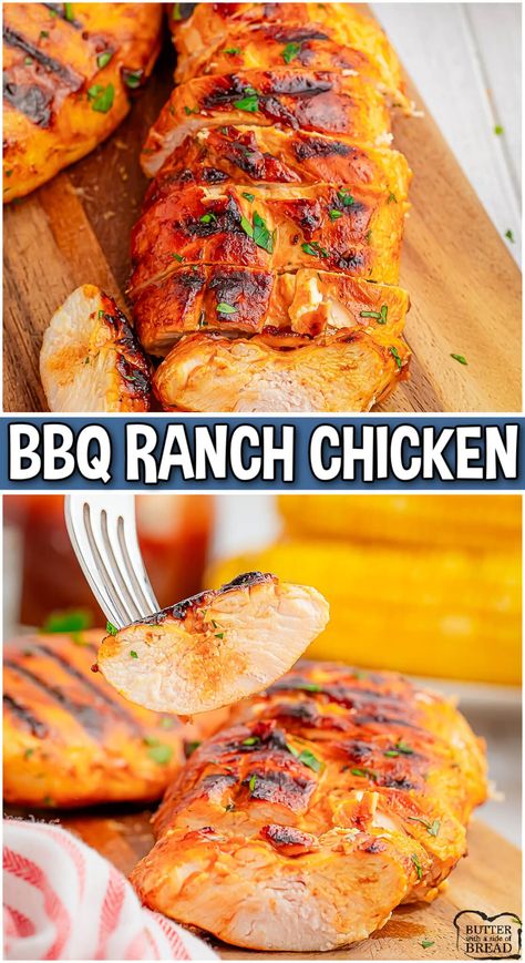 GRILLED RANCH BBQ CHICKEN - Butter with a Side of Bread Barbecue Ranch Chicken, Chicken Bar, 3 Ingredient Dinners, Ranch Chicken Recipes, Honey Barbecue, Grilled Bbq Chicken, Easy Grilled Chicken, Homemade Bread Recipes Easy, Ham And Bean Soup