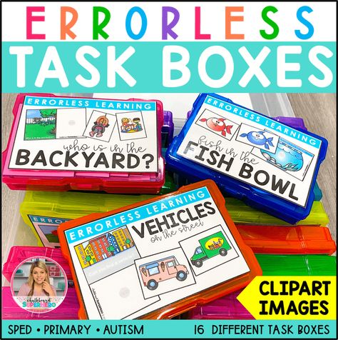 Errorless Learning Task Boxes -clipart - COVER IMAGE - 7181026 (1) Life Skills Task Bins, Task Boxes Preschool, Special Education Classroom Organization, Task Box Ideas, Errorless Learning, Crayon Storage, Structured Teaching, Special Ed Classroom, Work Bins