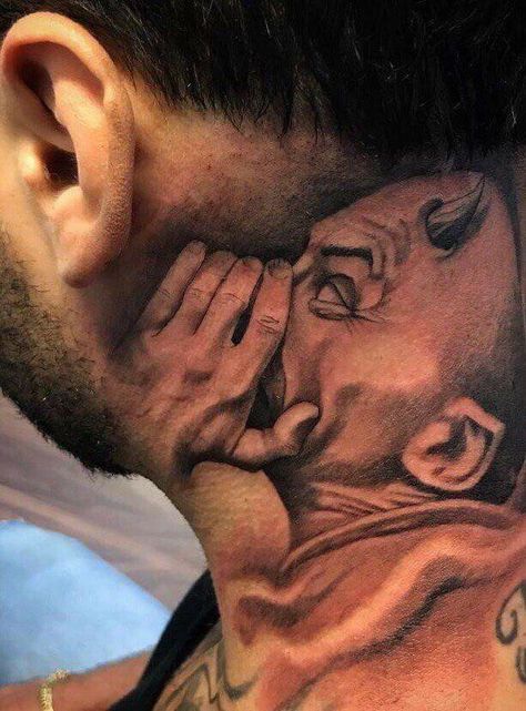 Can you hear it ?....the devil is whispering something in your ears Tato Naruto, Best Neck Tattoos, Devil Tattoo, Demon Tattoo, Chicano Tattoos, Neck Tattoo For Guys, Geniale Tattoos, 3d Tattoos, 3d Tattoo