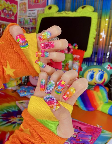 Aesthetic Rainbow Nails, Scenecore Nails, Clowncore Nails, Decora Nails, Kidcore Nails, Harajuku Nails, Junk Nails, Funky Nail Art, Pretty Gel Nails