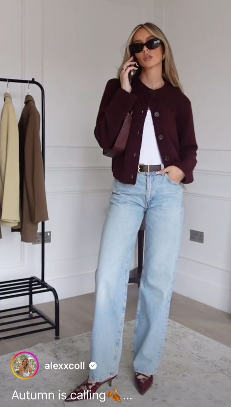 Burgundy And Denim Outfit, Burgundy Cardigan Outfit, Combat Boots Outfit Fall, Burgundy Top Outfit, Burgundy Shoes Outfit, Sweater And Jeans Outfit, Combat Boot Outfit, Fall Boots Outfit, Burgundy Outfit