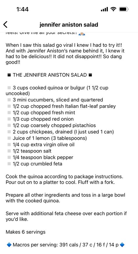 Jennifer Aniston Salad Jennifer Aniston Diet, Jennifer Aniston Salad, Aniston Salad, Canned Juice, Mini Cucumbers, How To Cook Quinoa, Fresh Mint, Jennifer Aniston, Red Onion