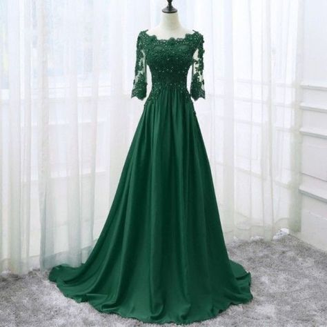 Green Prom Dress Long Sleeve, Long Sleeve Lace Evening Dress, Evening Gowns Dresses, Gown Party Wear, Satin Evening Dresses, Evening Gown Dresses, Cute Prom Dresses, Beautiful Prom Dresses, Green Prom Dress