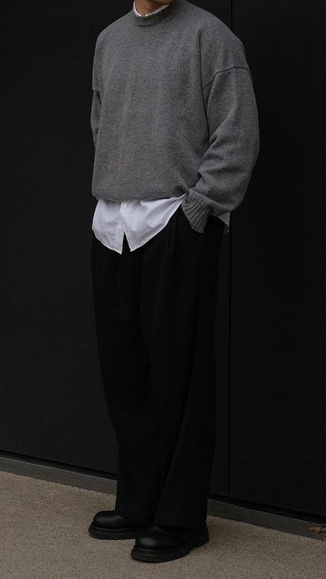 Formal Sweater Outfit Men, Gray Sweater Outfit Ideas, Cozy Black Outfit, Men Fall Winter Outfits, Gray Pants Outfit Men Casual, Grey Sweater Outfit Men, Scandinavian Minimalism Fashion, Grey Sweater Outfit Mens, Black Sweater Outfit Men